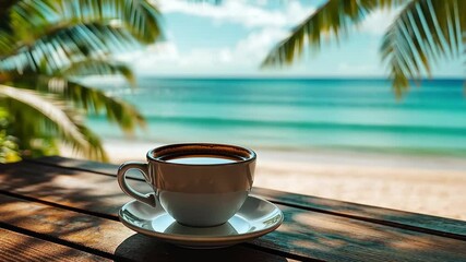 Wall Mural - Enjoying warm coffee with a stunning beach view during a sunny afternoon, Warm coffee on the table with a beach view below during a summer day