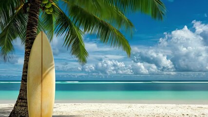 Wall Mural - Surfboard resting against palm tree on a sunny tropical beach with clear blue waters, Surfboard leaning on palm tree near tropical beach with clear skies and turquoise waters