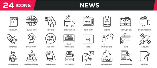 Sticker - set of collection line icons related news, mass media, interview, reporter. editable stroke. perfect