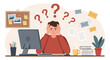 © Erik - A stressed employee holds his head in frustration, showing remote work burnout. This flat vector uses icons to visualize pressure and mental fatigue. Set for remote work burnout, Remote work stress