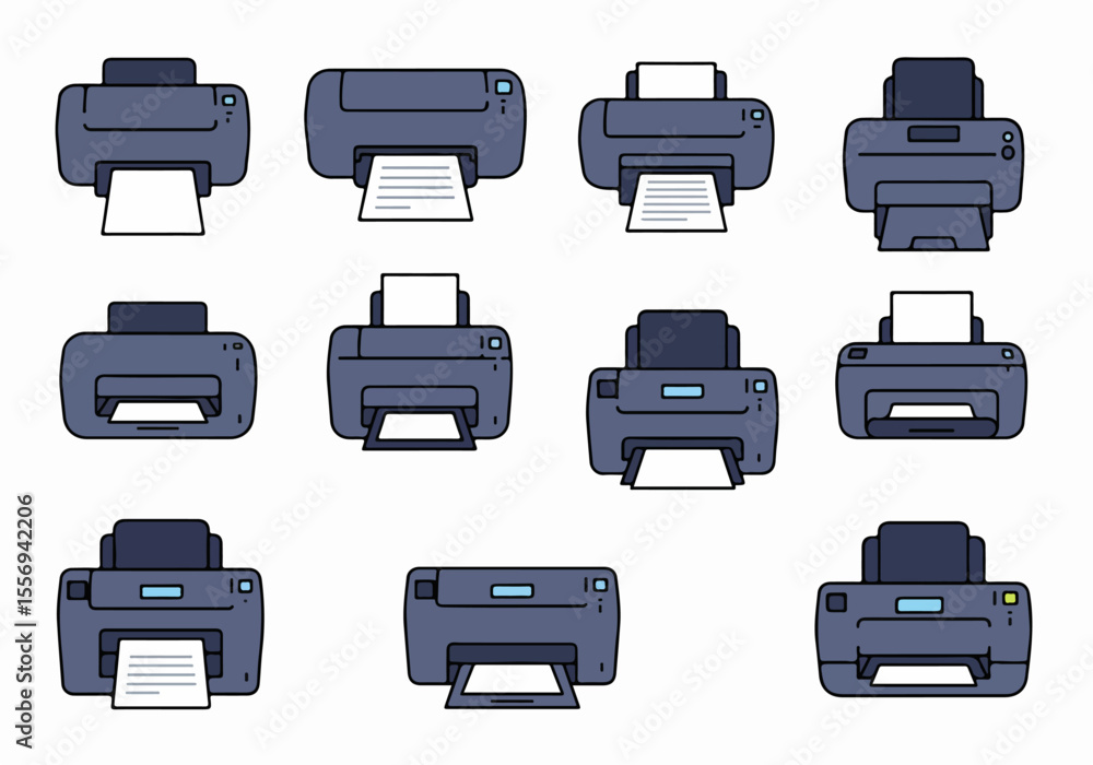 Collection of simple vector printer icons displaying various stages of ...