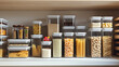© ANDRIANSYAH STUDIO - Organized pantry shelf with clear containers filled with dry goods like pasta, beans, grains and spices for easy kitchen storage