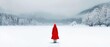 © GATE 22 - Person walking on a frozen lake. the person is wearing a red coat and a red hat, and is walking towards the right side of the image.