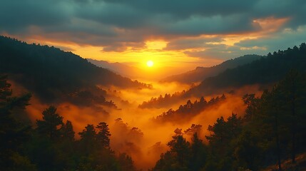 Wall Mural - Sunset over misty valley
