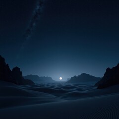 twinkling stars night sky above expansive dark desert landscape silhouettes dunes rocks, twilight, s