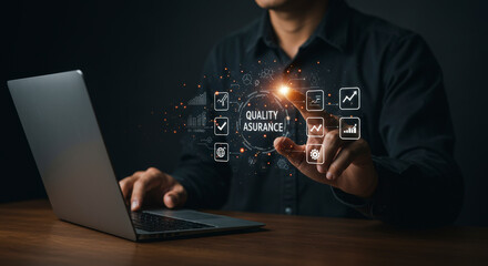 Wall Mural - Man Interacting with Digital Hologram on Laptop in Dark Room Business Concept Technology Future Innovation and Data Communication Through Online Network