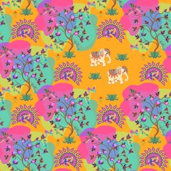 Wall Mural - Festive seamless pattern with Indian elephants, monkeys and peacocks among flowering fruit trees with multi-colored crowns and paisley-shaped leaves on an ivory background. Print on fabric, wallpaper.
