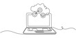 © LINE SIMPLE DRAWING - Laptop computer with cloud icon, Digital technologies. Continuous One  line drawing of Exchange of information between the laptop and the cloud. A laptop glow downloads files into the cloud storage.