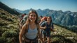 © Ardi - Hikers enjoy a scenic trek through the mountains, smiling and carrying backpacks on a sunny day.