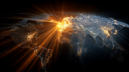 Wall Mural - global connectivity: an illustrative depiction of the world's interconnectedness, with beams of ligh