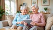 © Athiphat - realistic medium shot photo of two elderly women sitting on a cozy couch in a retirement home using