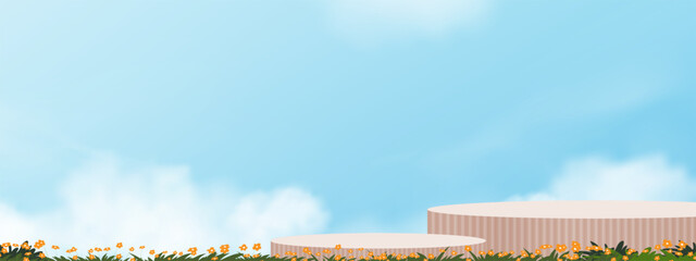 Wall Mural - sky blue,cloud background,beige podium platform step,background design minimal 3d display for summer