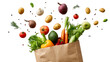 © gdgaffar - Grocery bag with fresh fruits and vegetables on a white background, top view. Concept of healthy eating or a food delivery service.