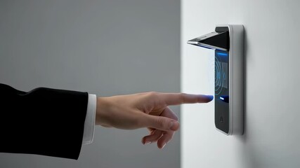 Wall Mural - woman using a biometric access control system, finger extended to interact with the device. security