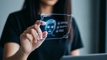 Wall Mural - woman holding transparent screen with virtual face scan for biometric personal data recognition and 
