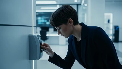 Wall Mural - woman uses a biometric fingerprint scanner for secure access control in a modern office environment 