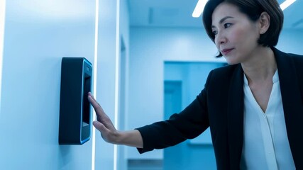 Wall Mural - woman scanning her palm on a biometric reader for secure access in a modern building. biometric and 
