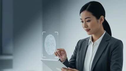 Wall Mural - a woman uses a tablet for fingerprint biometrics and digital identity authentication. future technol