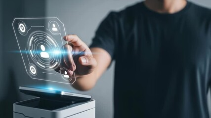 Wall Mural - man activating a holographic biometric security system with finger recognition, demonstrating future