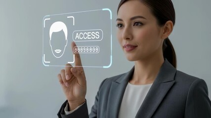 Wall Mural - asian woman using biometrics for access, futuristic face recognition technology and digital security