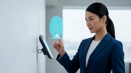 Wall Mural - asian woman using biometric fingerprint scan for access. identity verification on a security screen.