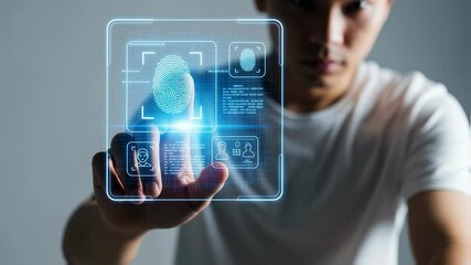 Wall Mural - an asian man authenticating identity using a futuristic biometrics fingerprint scanner on a virtual 