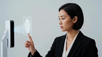 Wall Mural - young asian woman touching futuristic screen with virtual fingerprint for biometric scanning and sec