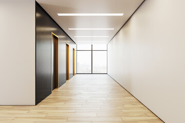 Modern empty corridor interior with wooden floor, black walls, and large window offering daylight and city view in corporate office building. 3D Rendering