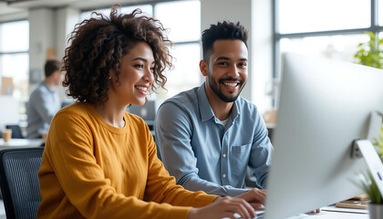 two business professionals and software developers working as a team in modern office