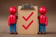 © Leo Rohmann - Two red figurines proudly holding a checklist with affirmations representing successful collaboration trust and mutual understanding in a dynamic professional environment