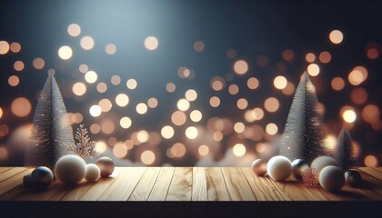 Wall Mural - Minimalist scene of Wooden Table Top with Bokeh Lights Background for Product Display and Presentation