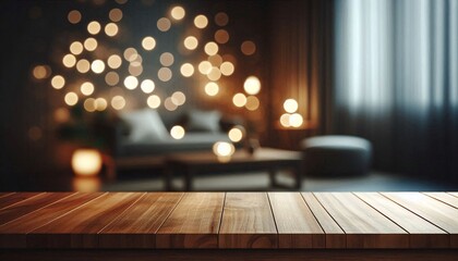 Wall Mural - Minimalist scene of Wooden Table Top with Bokeh Lights Background for Product Display and Presentation