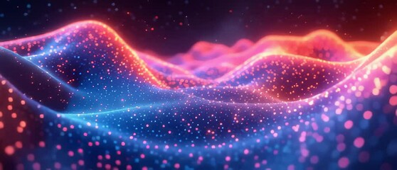 Abstract digital glowing waves undulate with vibrant red and blue lights, showcasing modern technology and data visualization in a futuristic landscape