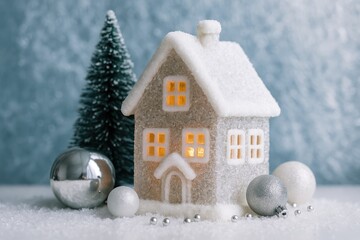 Festive holiday decor featuring a frosty house