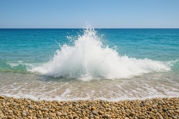 Wall Mural - turquoise waters with large white foam crashing onto a pebble shoreline