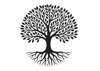 Tree of life logo silhouette vector, tree life logo icon silhouette, round tree of life with roots and branches vector, simple black tree of life silhouette logo vector on a white background.