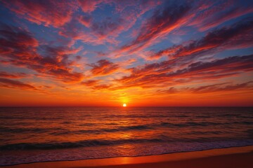 Wall Mural - vivid and stunning sunset with vibrant colors reflecting on the ocean surface amid a cloudy sky
