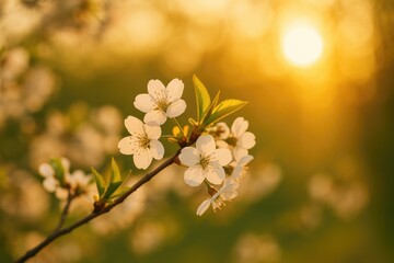 vibrant blossoms and a cheerful tree set against a serene natural backdrop during spring sunset with