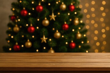 Wall Mural - Empty table setup with festive decorations and Christmas tree in the background for product showcase