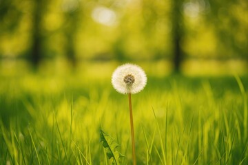 Wall Mural - Springtime meadow with dandelions and lush grass, soft-focus background with bokeh effects