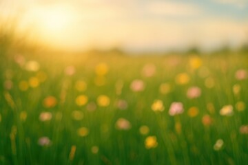 Wall Mural - Soft-focused scene of a sun-drenched field with waving grasses and colorful blossoms under a clear sky.