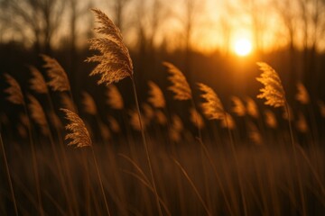 Wall Mural - golden sunlight illuminating dry reeds on a breezy evening
