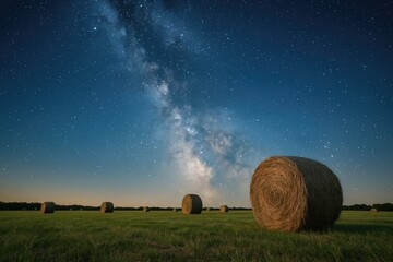 Wall Mural - field of round hay bales beneath a starry night sky