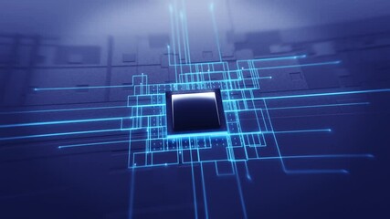 Wall Mural - abstract animation of a futuristic microchip with glowing blue lines representing data transfer and 