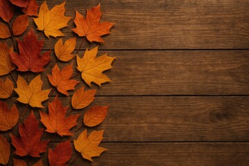 Wall Mural - Fallen autumn foliage arranged on a rustic wooden surface with blank space for text