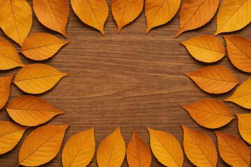 Wall Mural - Autumn-themed flat lay featuring a dry leaf border on a wooden surface