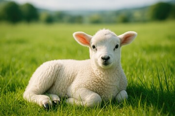 Wall Mural - A sheep resting peacefully in a grassy field