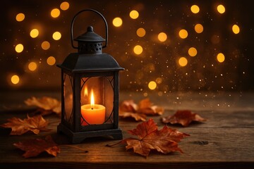 Wall Mural - Autumnal lantern adorned with a candle, shimmering lights, sparkling accents, dried foliage, and festive illumination