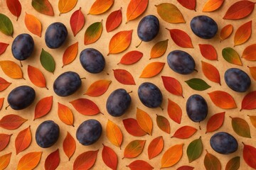 Wall Mural - Seasonal arrangement featuring vibrant leaves and a plum, showcasing autumn hues from a top-down perspective with ample space for text