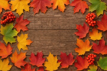 Wall Mural - Vibrant collection of colorful autumn leaves and berries displayed on rustic wood surface